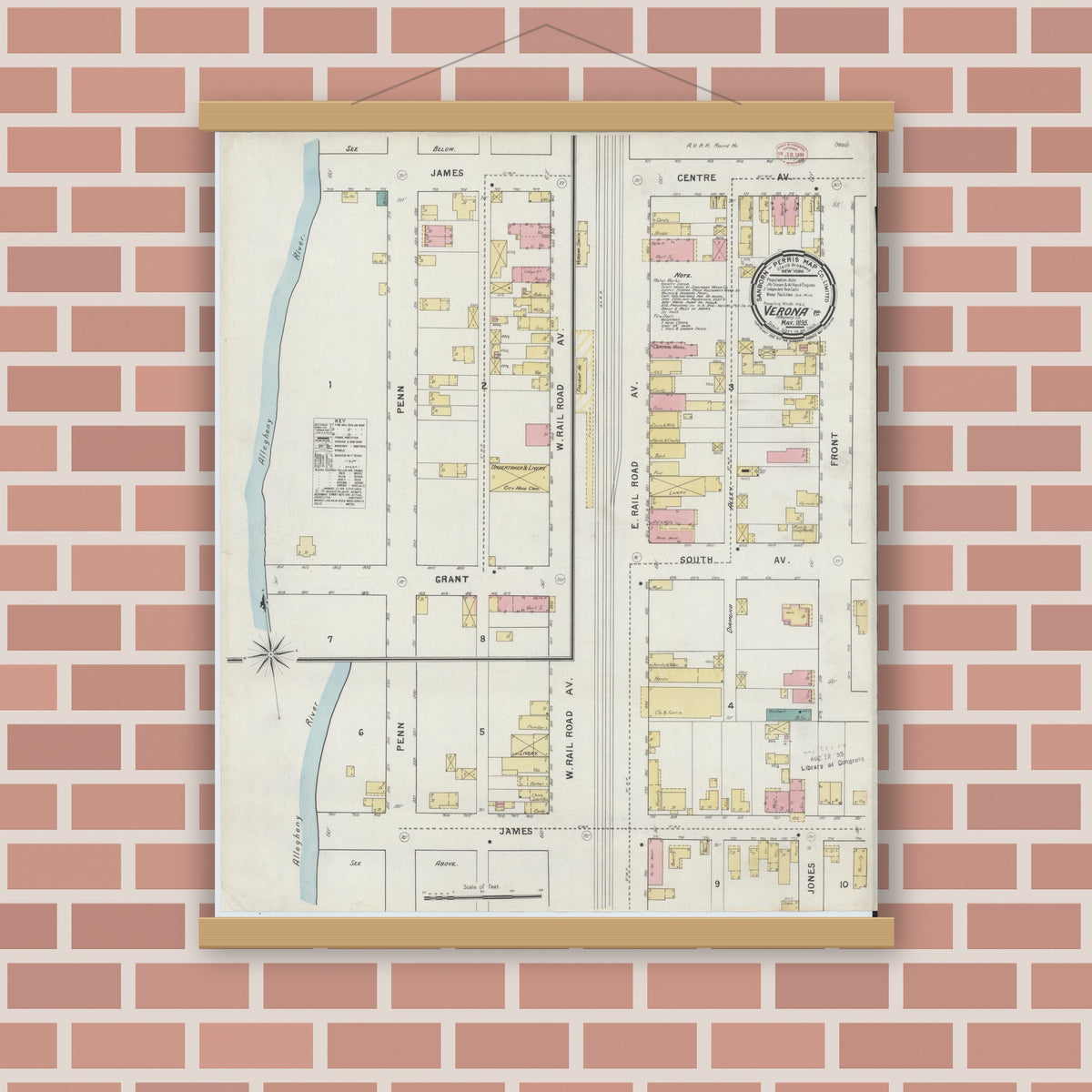 Old map wall art mockup — magnetic wood frame on brick wall — Sanborn Fire Insurance Map from Verona, Allegheny County, Pennsylvania (1895), Sheet #0001
