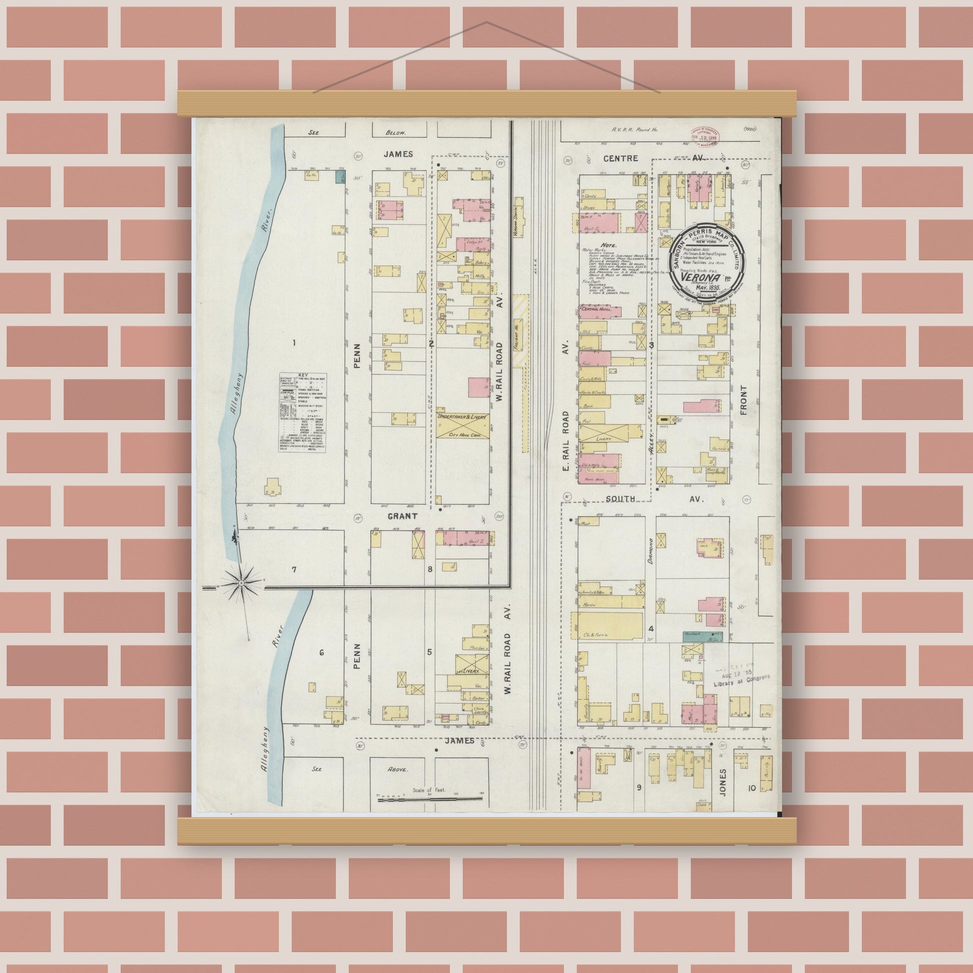 Old map wall art mockup — magnetic wood frame on brick wall — Sanborn Fire Insurance Map from Verona, Allegheny County, Pennsylvania (1895), Sheet #0001