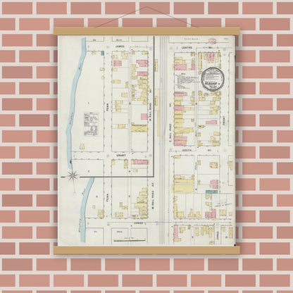 Old map wall art mockup — magnetic wood frame on brick wall — Sanborn Fire Insurance Map from Verona, Allegheny County, Pennsylvania (1895), Sheet #0001