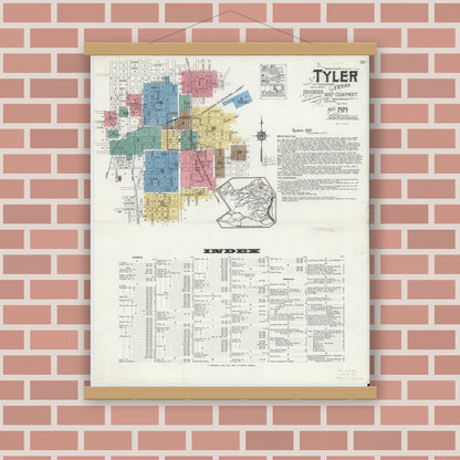Old map wall art mockup — magnetic wood frame on brick wall — Sanborn Fire Insurance Map from Tyler, Smith County, Texas (1919) - Complete Map Set