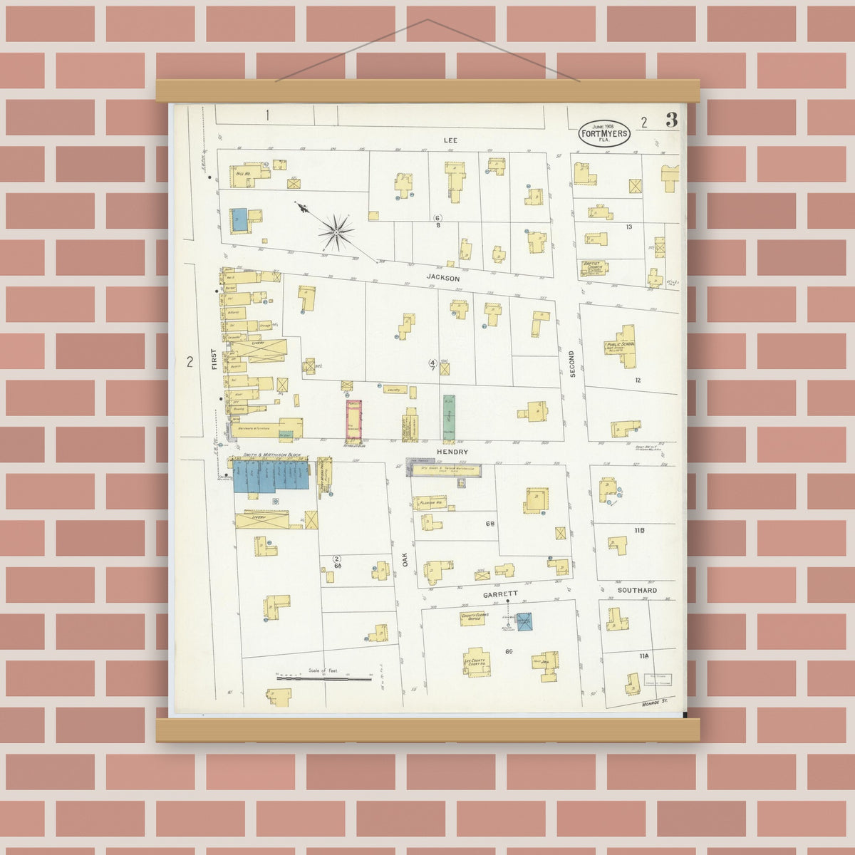 Old map wall art mockup — magnetic wood frame on brick wall — Sanborn Fire Insurance Map from Fort Myers, Lee County, Florida (1908), Sheet #0003