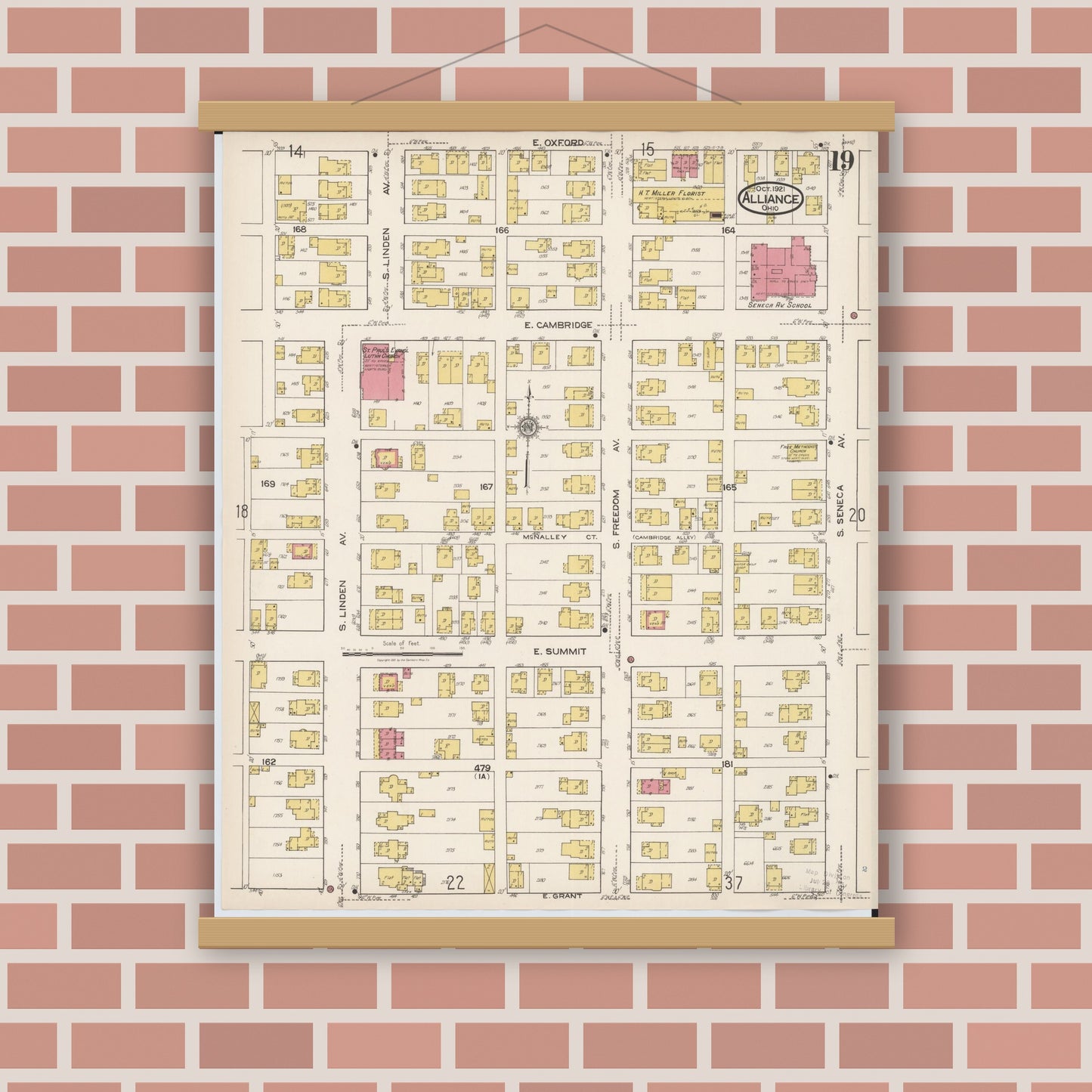 Old map wall art mockup — magnetic wood frame on brick wall — Sanborn Fire Insurance Map from Alliance, Stark County, Ohio (1921), Sheet #0019