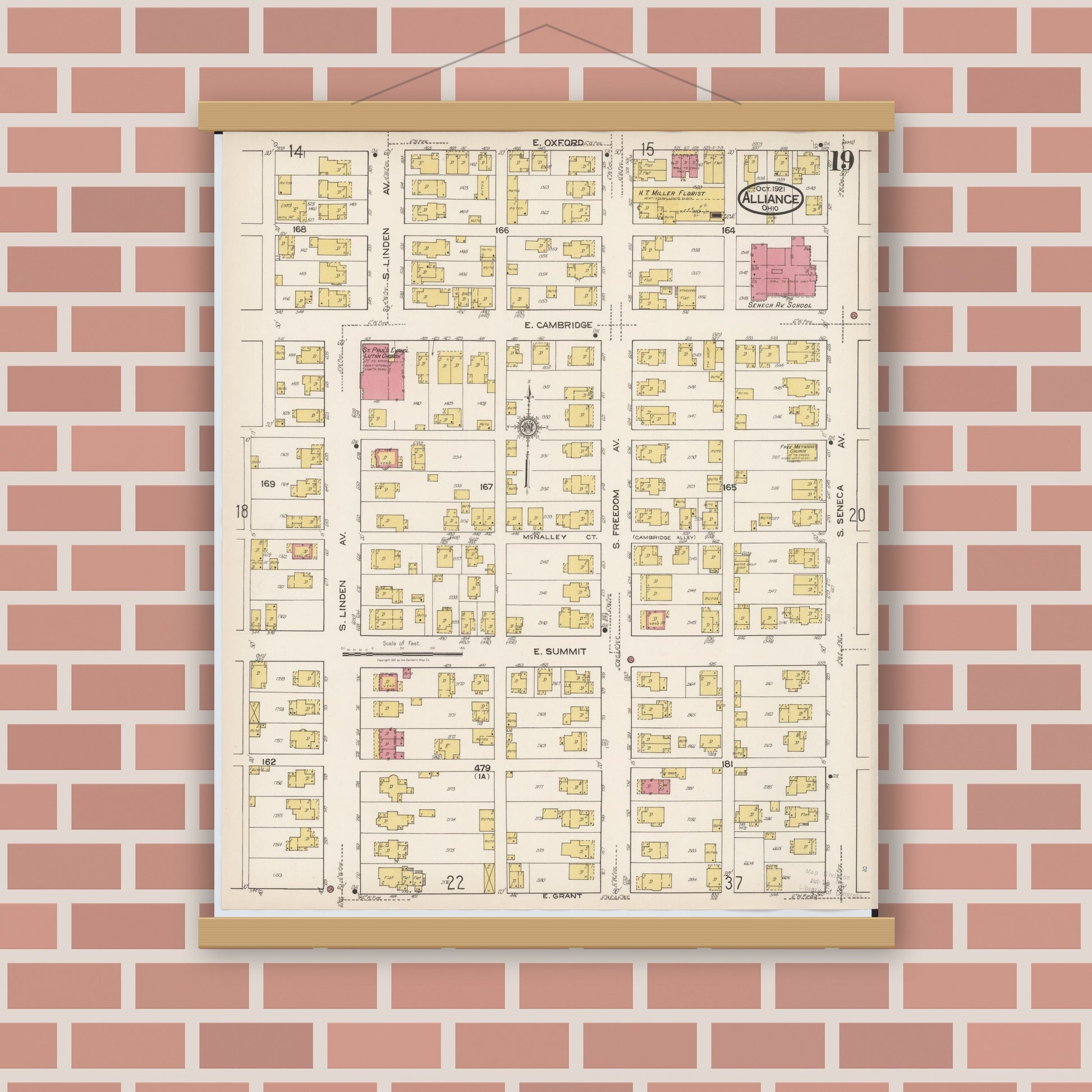 Old map wall art mockup — magnetic wood frame on brick wall — Sanborn Fire Insurance Map from Alliance, Stark County, Ohio (1921), Sheet #0019