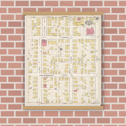 Old map wall art mockup — magnetic wood frame on brick wall — Sanborn Fire Insurance Map from Alliance, Stark County, Ohio (1921), Sheet #0019