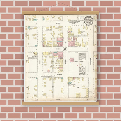 Old map wall art mockup — magnetic wood frame on brick wall — Sanborn Fire Insurance Map from Tipton, Cedar County, Iowa (1883), Sheet #0001