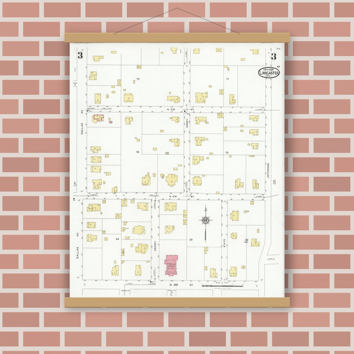 Old map wall art mockup — magnetic wood frame on brick wall — Sanborn Fire Insurance Map from Lancaster, Dallas County, Texas (1928), Sheet #0003