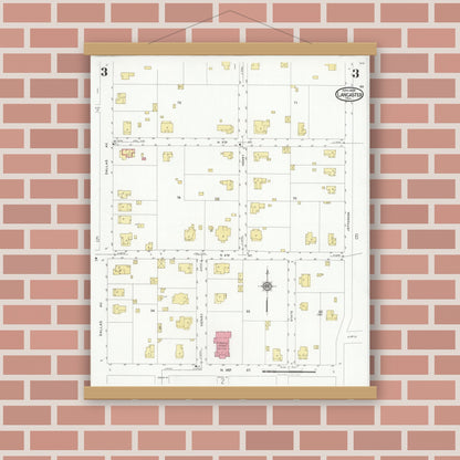 Old map wall art mockup — magnetic wood frame on brick wall — Sanborn Fire Insurance Map from Lancaster, Dallas County, Texas (1928), Sheet #0003