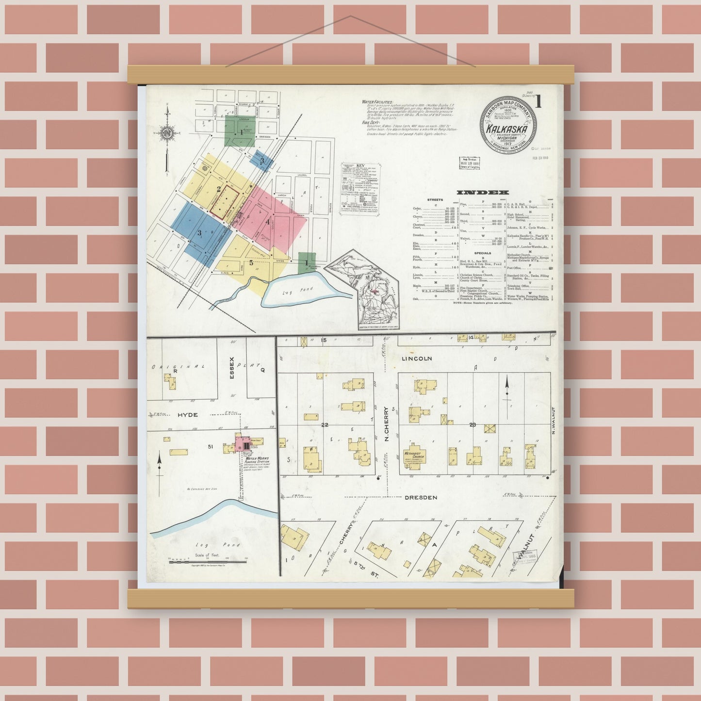 Old map wall art mockup — magnetic wood frame on brick wall — Sanborn Fire Insurance Map from Kalkaska, Kalkaska County, Michigan (1917), Sheet #0001