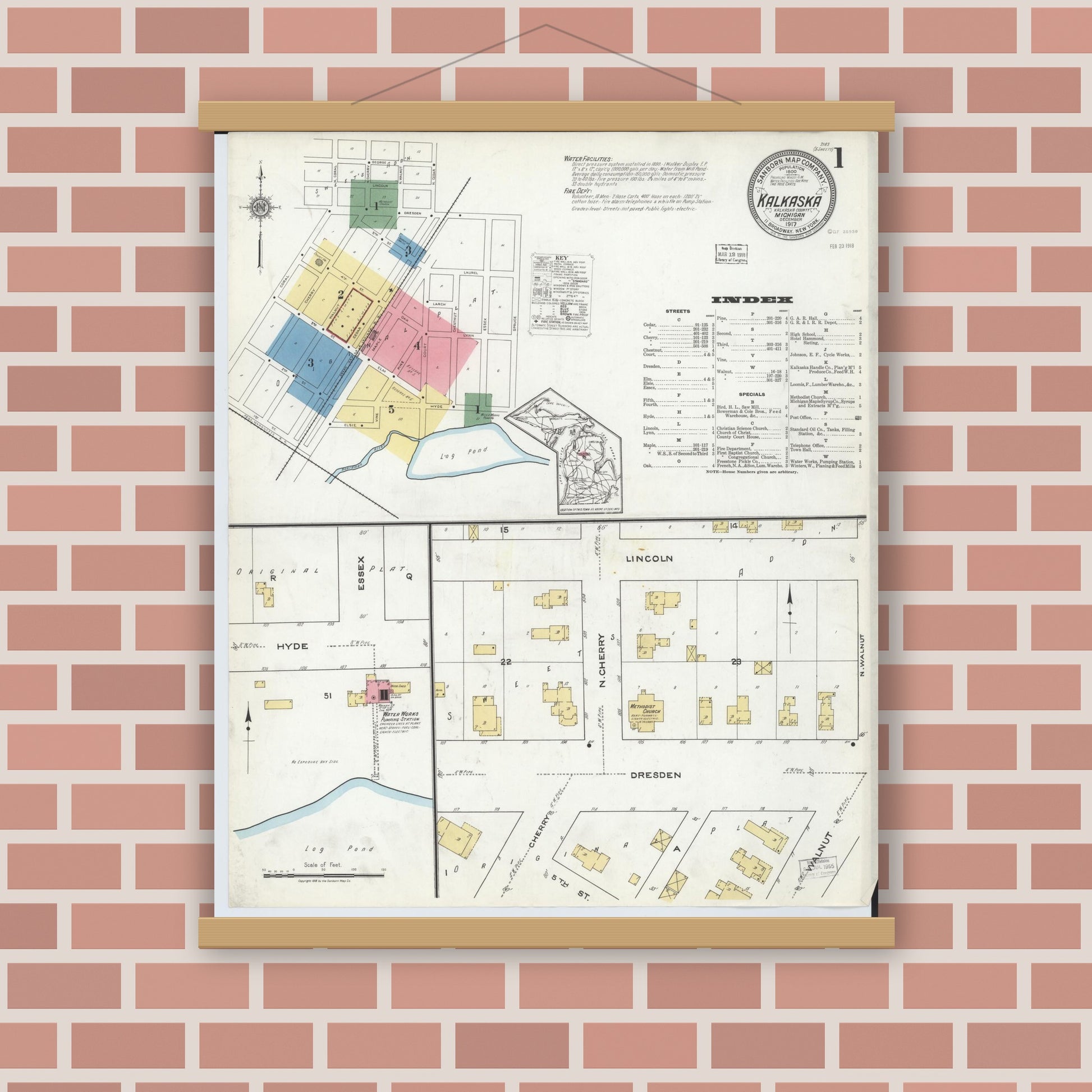 Old map wall art mockup — magnetic wood frame on brick wall — Sanborn Fire Insurance Map from Kalkaska, Kalkaska County, Michigan (1917), Sheet #0001