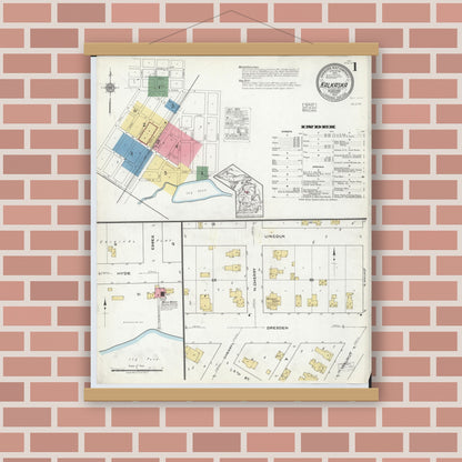 Old map wall art mockup — magnetic wood frame on brick wall — Sanborn Fire Insurance Map from Kalkaska, Kalkaska County, Michigan (1917), Sheet #0001