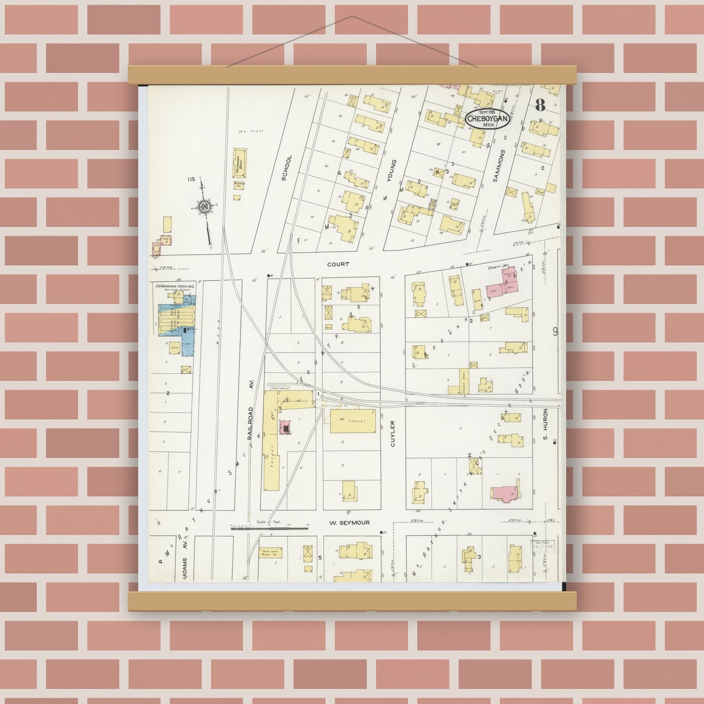 Old map wall art mockup — magnetic wood frame on brick wall — Sanborn Fire Insurance Map from Cheboygan, Cheboygan County, Michigan (1915), Sheet #0008