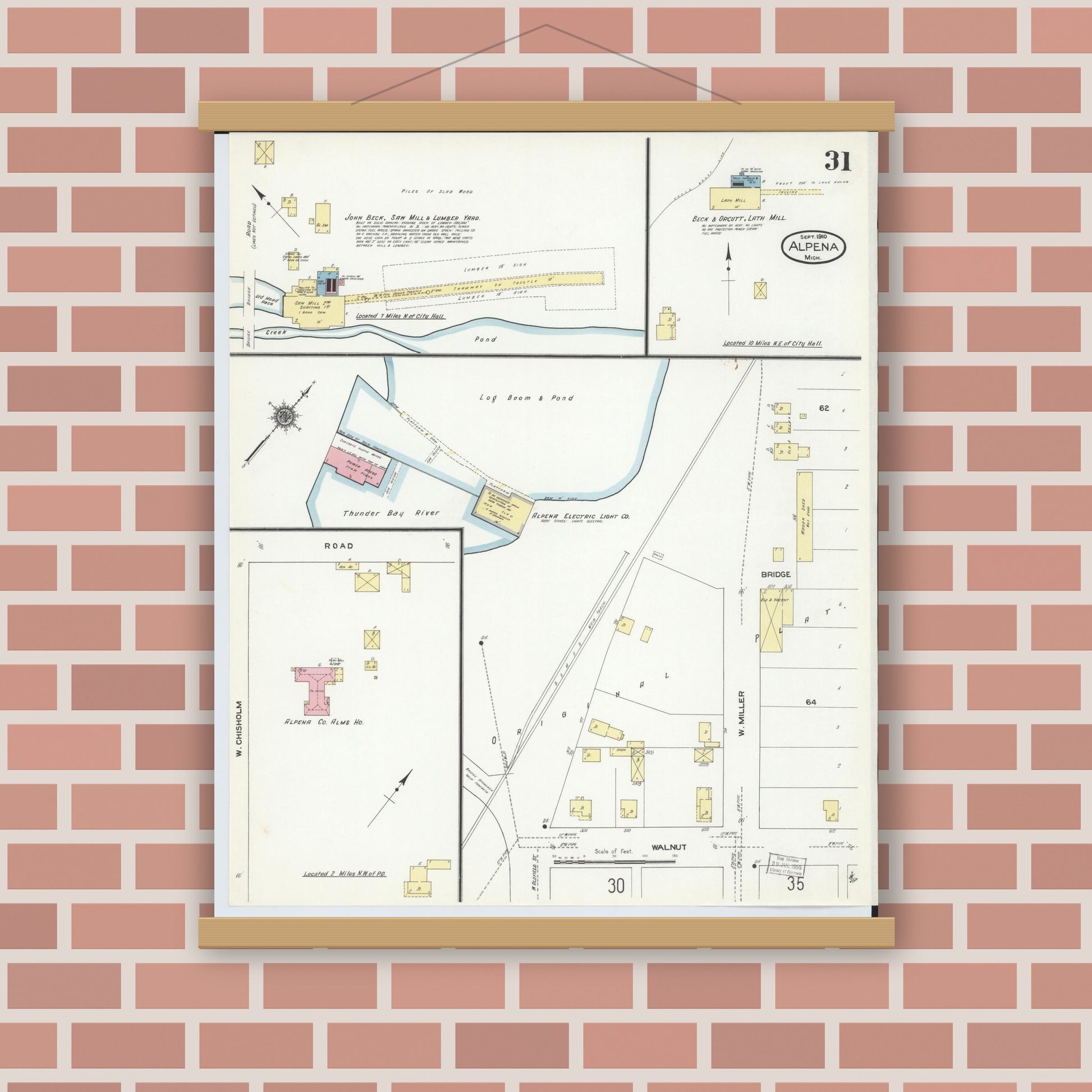 Old map wall art mockup — magnetic wood frame on brick wall — Sanborn Fire Insurance Map from Alpena, Alpena County, Michigan (1910), Sheet #0031
