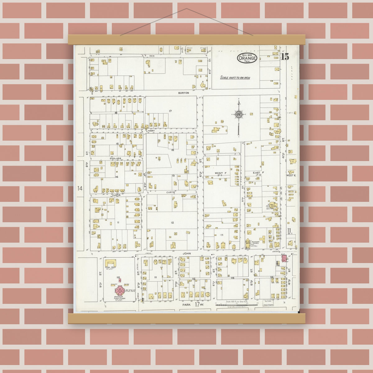 Old map wall art mockup — magnetic wood frame on brick wall — Sanborn Fire Insurance Map from Orange, Orange County, Texas (1919), Sheet #0015