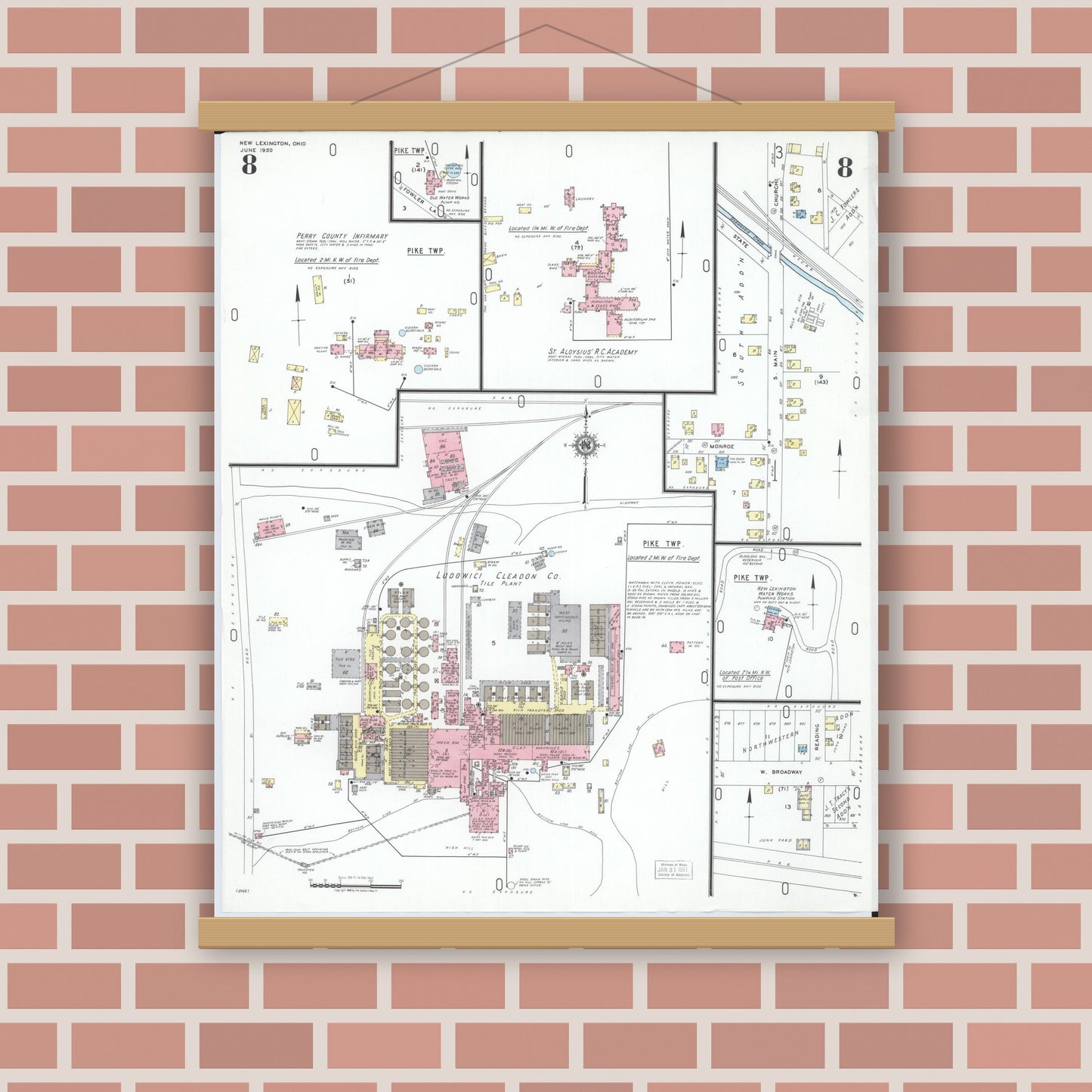 Old map wall art mockup — magnetic wood frame on brick wall — Sanborn Fire Insurance Map from New Lexington, Perry County, Ohio (1950), Sheet #0008