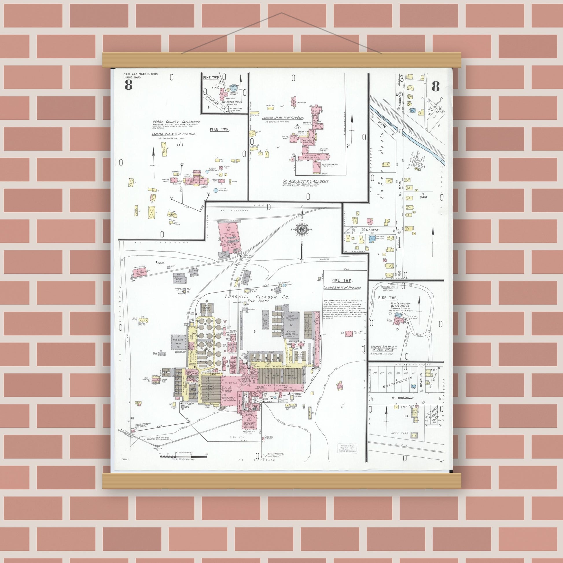 Old map wall art mockup — magnetic wood frame on brick wall — Sanborn Fire Insurance Map from New Lexington, Perry County, Ohio (1950), Sheet #0008