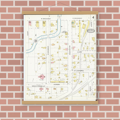 Old map wall art mockup — magnetic wood frame on brick wall — Sanborn Fire Insurance Map from Decorah, Winneshiek County, Iowa (1894), Sheet #0004