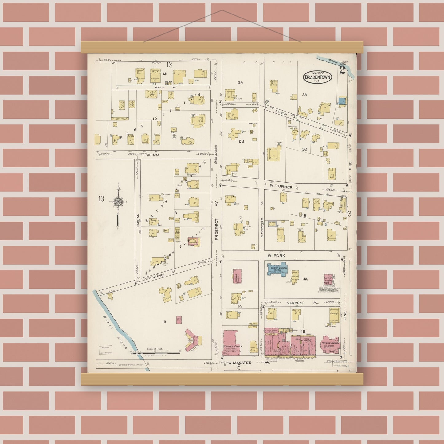 Old map wall art mockup — magnetic wood frame on brick wall — Sanborn Fire Insurance Map from Bradentown, Manatee County, Florida (1922), Sheet #0002