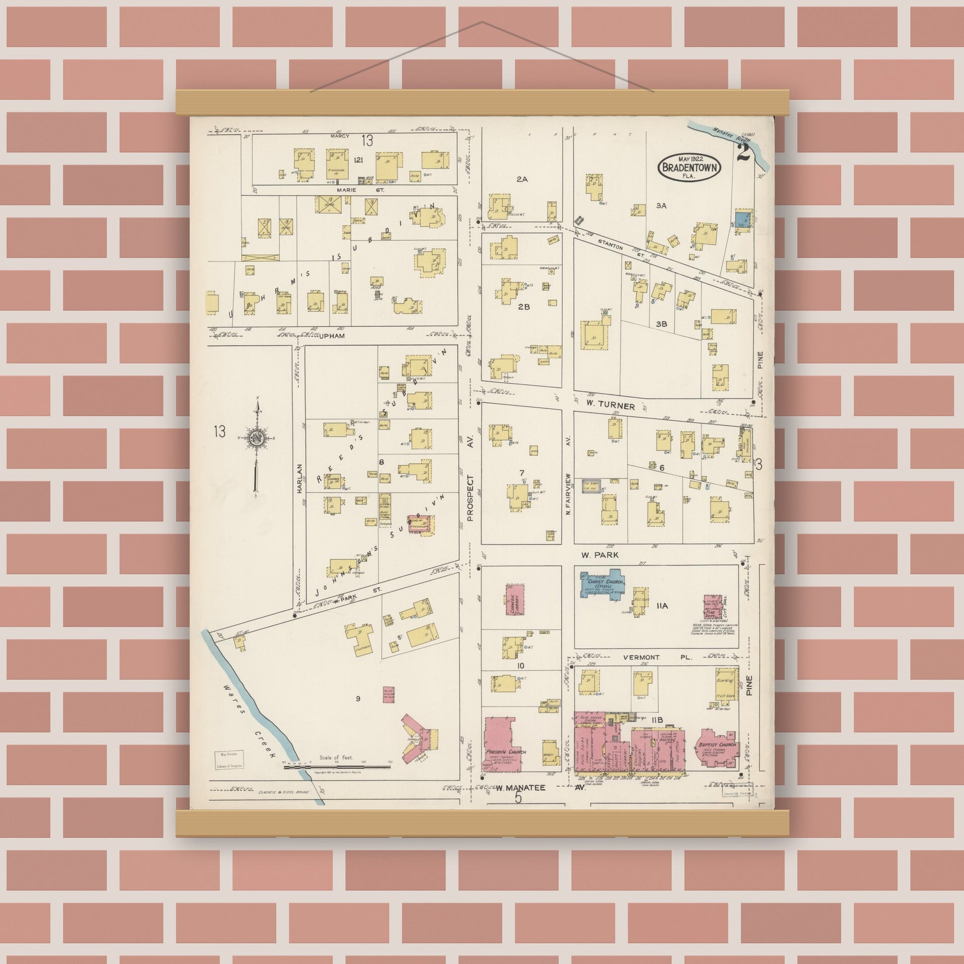 Old map wall art mockup — magnetic wood frame on brick wall — Sanborn Fire Insurance Map from Bradentown, Manatee County, Florida (1922), Sheet #0002