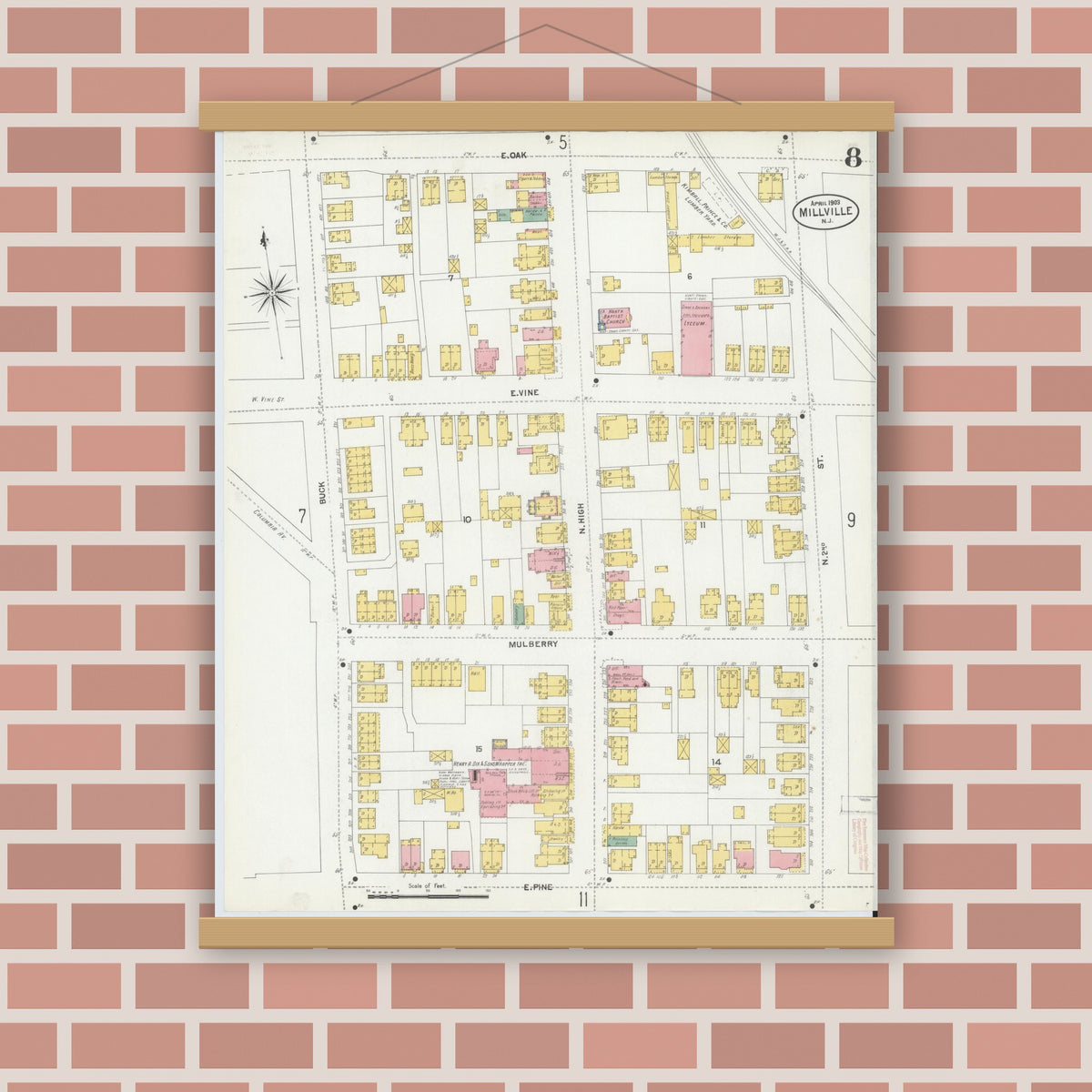 Old map wall art mockup — magnetic wood frame on brick wall — Sanborn Fire Insurance Map from Millville, Cumberland County, New Jersey (1903), Sheet #0008