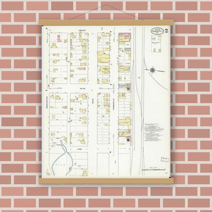 Old map wall art mockup — magnetic wood frame on brick wall — Sanborn Fire Insurance Map from Pierce City, Lawrence County, Missouri (1910), Sheet #0002