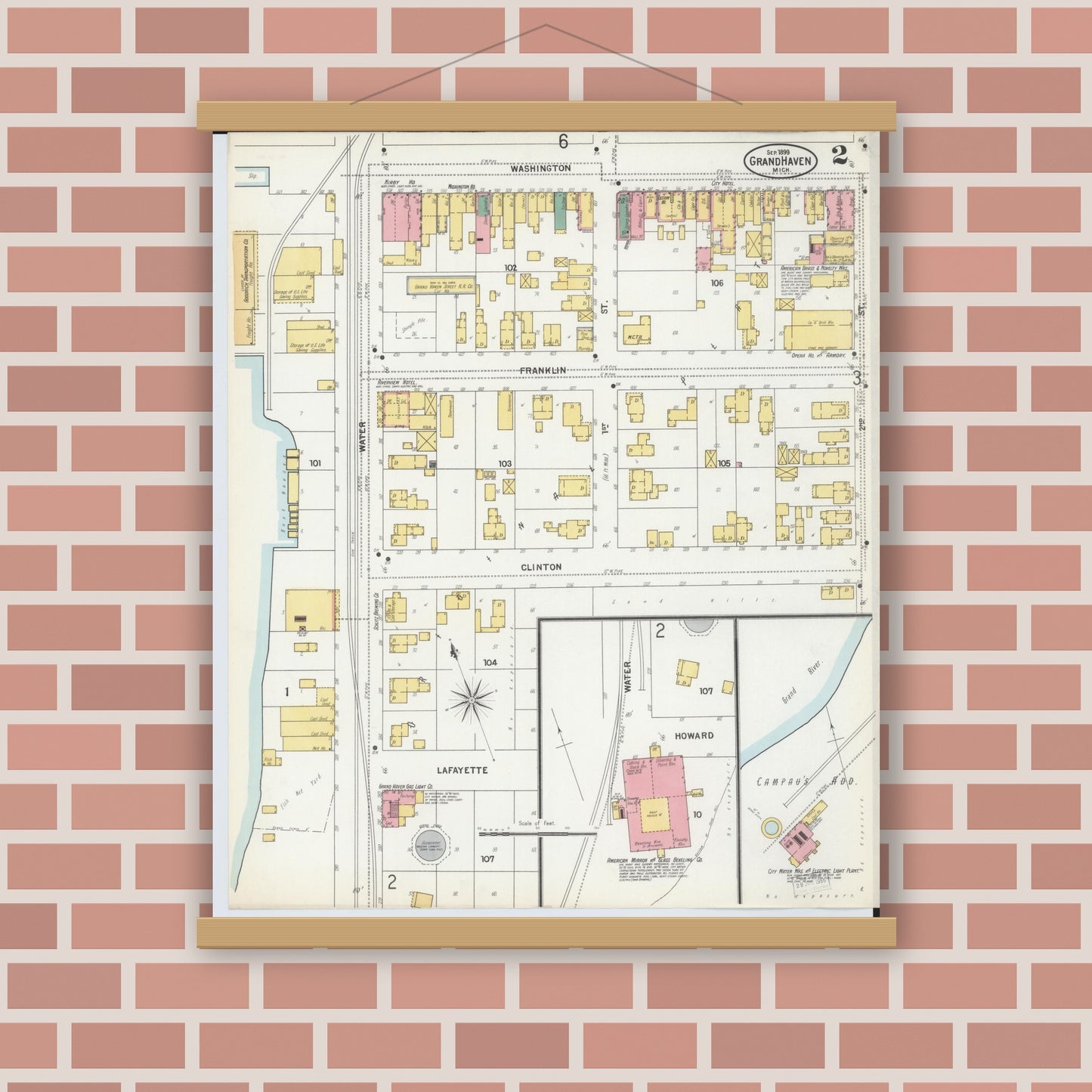 Old map wall art mockup — magnetic wood frame on brick wall — Sanborn Fire Insurance Map from Grand Haven, Ottawa County, Michigan (1899), Sheet #0002