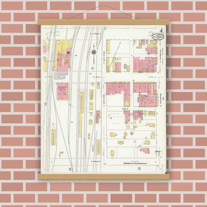 Old map wall art mockup — magnetic wood frame on brick wall — Sanborn Fire Insurance Map from Hillsboro, Hill County, Texas (1911), Sheet #0004