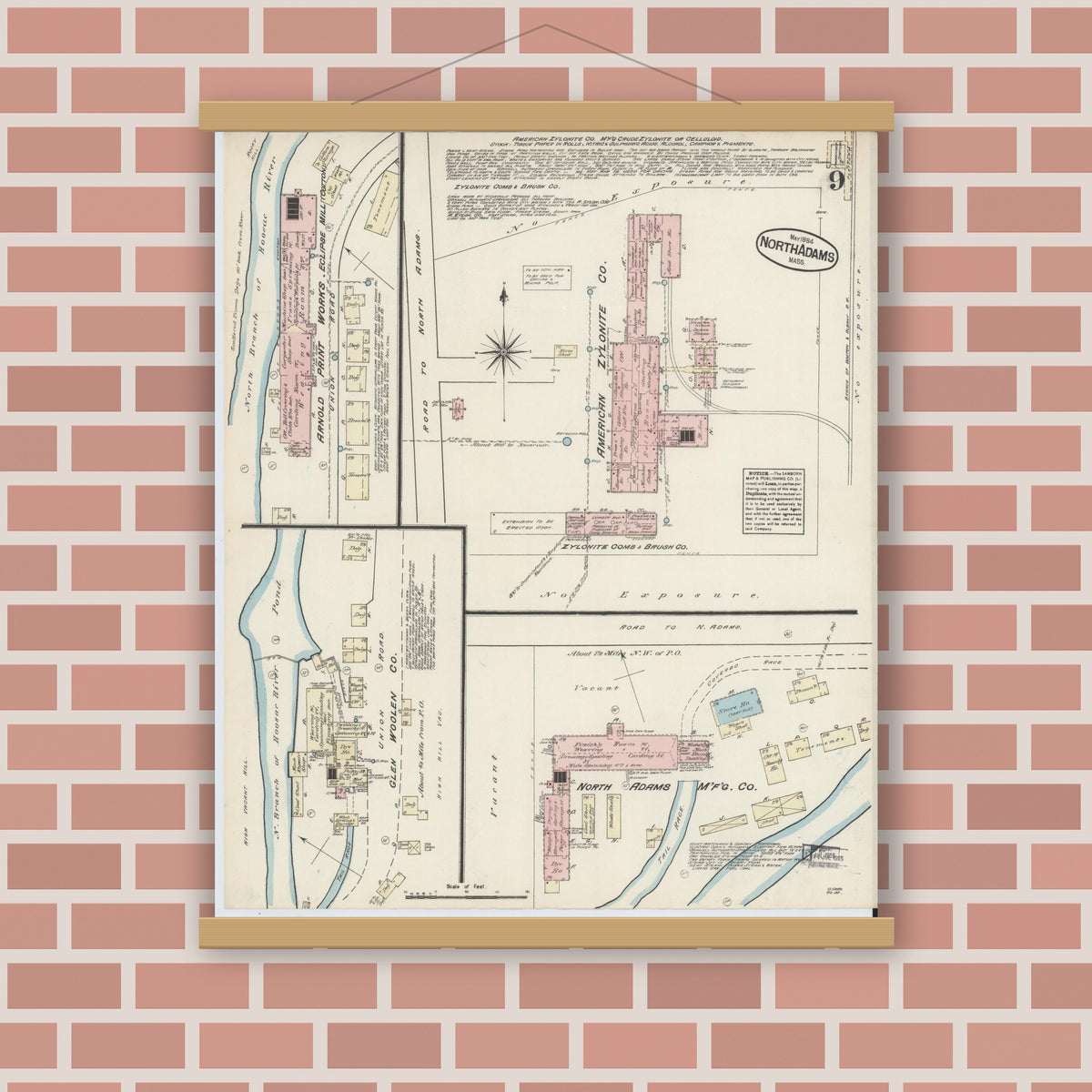 Old map wall art mockup — magnetic wood frame on brick wall — Sanborn Fire Insurance Map from North Adams, Berkshire County, Massachusetts (1884), Sheet #0009