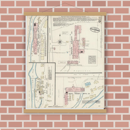 Old map wall art mockup — magnetic wood frame on brick wall — Sanborn Fire Insurance Map from North Adams, Berkshire County, Massachusetts (1884), Sheet #0009