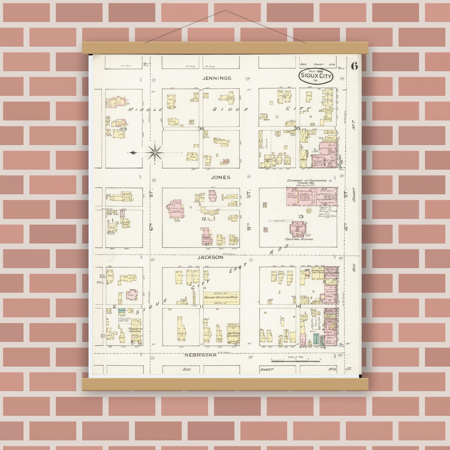 Old map wall art mockup — magnetic wood frame on brick wall — Sanborn Fire Insurance Map from Sioux City, Woodbury County, Iowa (1886), Sheet #0006