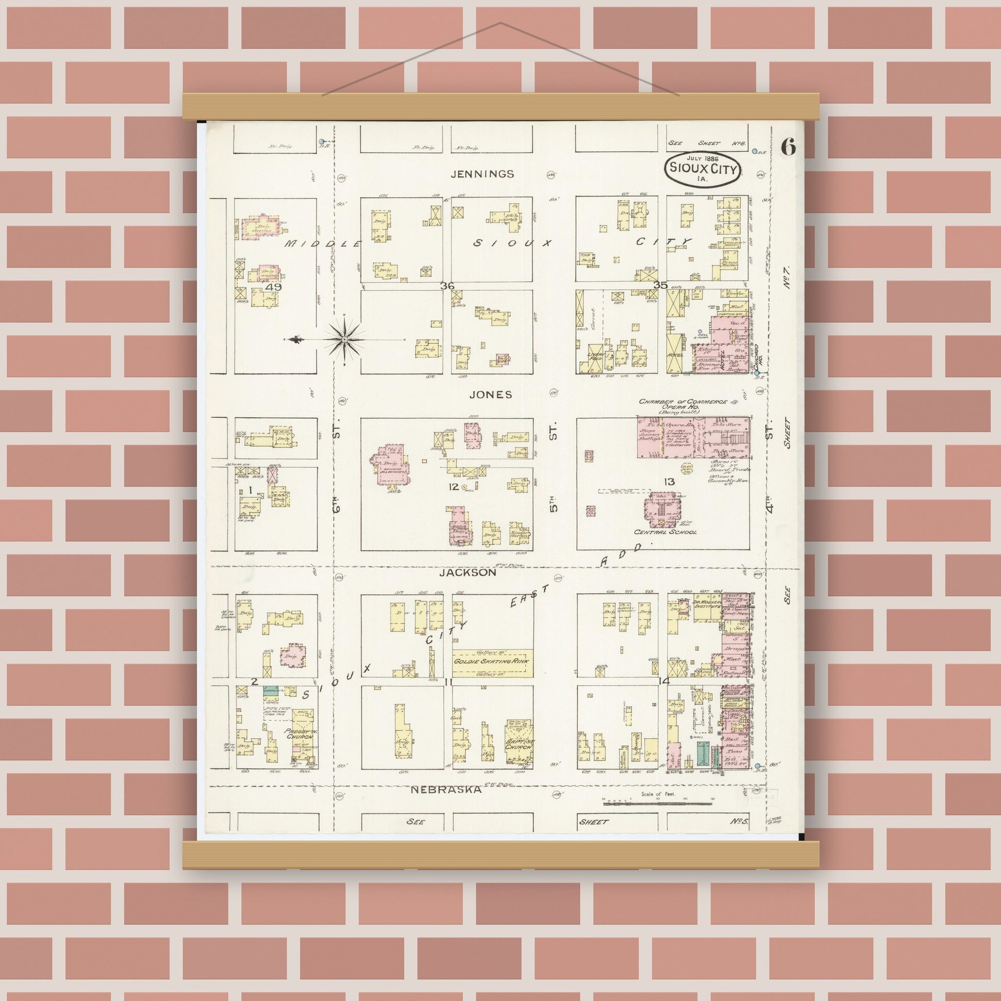 Old map wall art mockup — magnetic wood frame on brick wall — Sanborn Fire Insurance Map from Sioux City, Woodbury County, Iowa (1886), Sheet #0006
