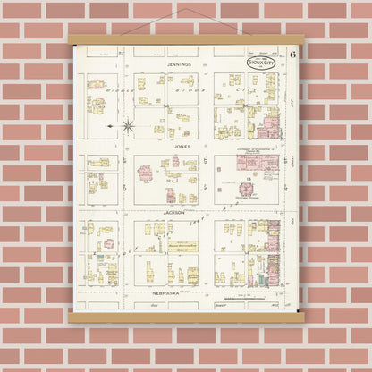 Old map wall art mockup — magnetic wood frame on brick wall — Sanborn Fire Insurance Map from Sioux City, Woodbury County, Iowa (1886), Sheet #0006