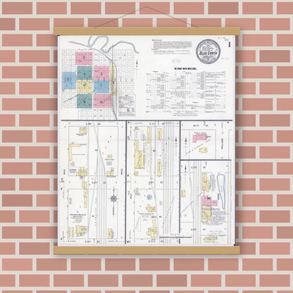 Old map wall art mockup — magnetic wood frame on brick wall — Sanborn Fire Insurance Map from Blue Earth, Faribault County, Minnesota (1911) - Complete Map Set