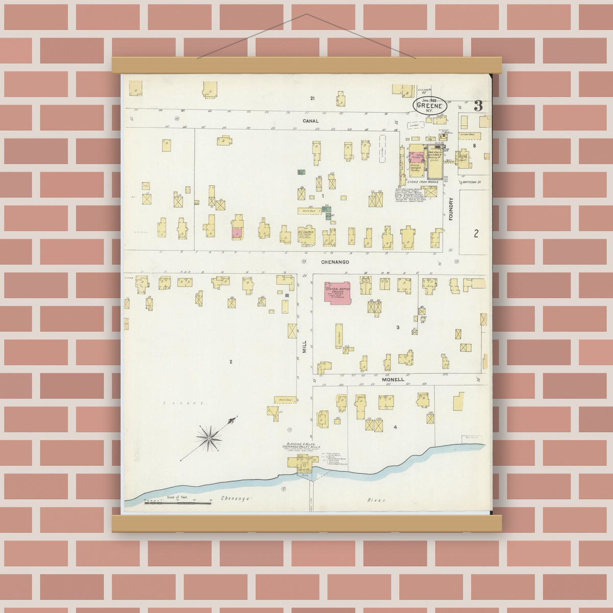 Old map wall art mockup — magnetic wood frame on brick wall — Sanborn Fire Insurance Map from Greene, Chenango County, New York (1903), Sheet #0003