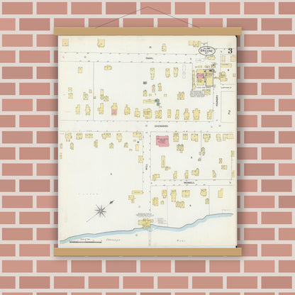 Old map wall art mockup — magnetic wood frame on brick wall — Sanborn Fire Insurance Map from Greene, Chenango County, New York (1903), Sheet #0003