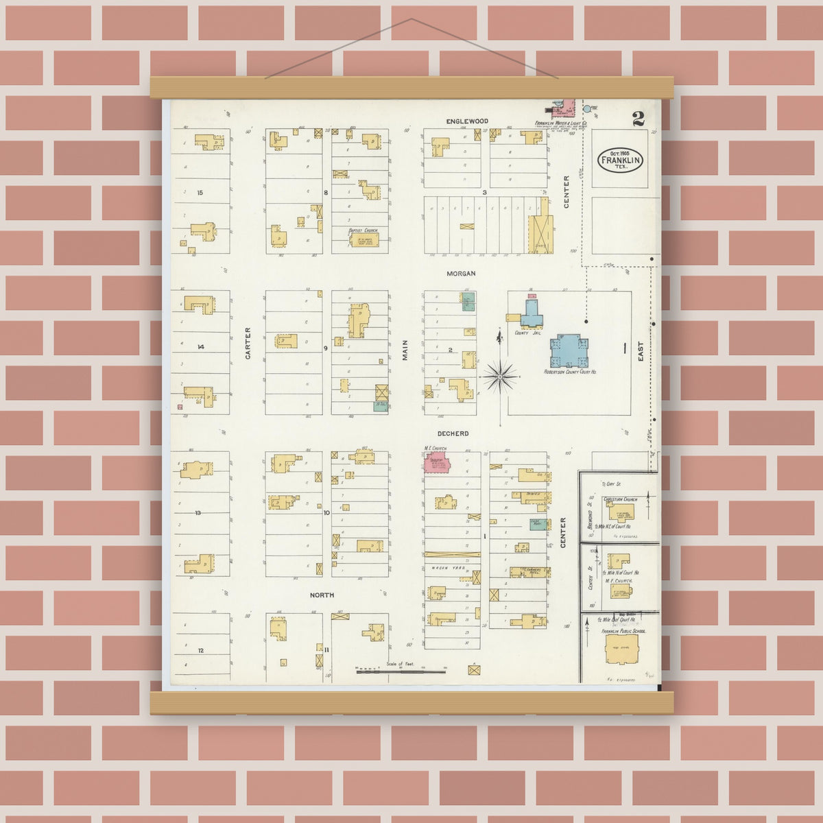 Old map wall art mockup — magnetic wood frame on brick wall — Sanborn Fire Insurance Map from Franklin, Robertson County, Texas (1905), Sheet #0002