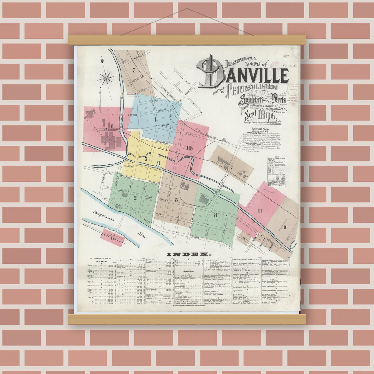 Old map wall art mockup — magnetic wood frame on brick wall — Sanborn Fire Insurance Map from Danville, Montour County, Pennsylvania (1896) - Complete Map Set