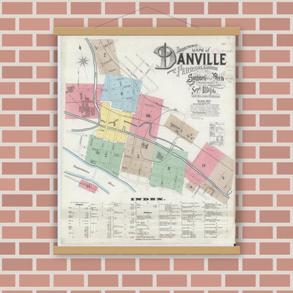 Old map wall art mockup — magnetic wood frame on brick wall — Sanborn Fire Insurance Map from Danville, Montour County, Pennsylvania (1896) - Complete Map Set