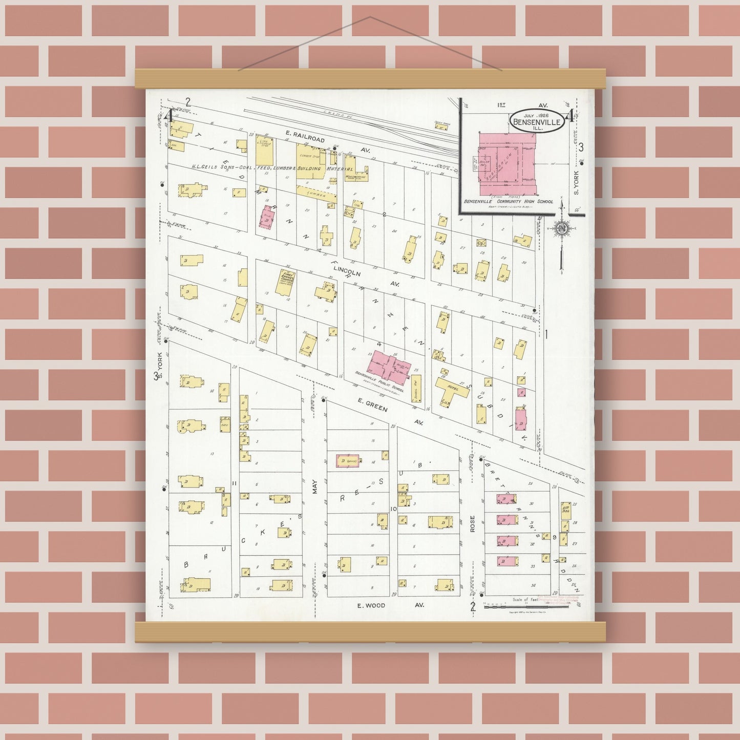 Old map wall art mockup — magnetic wood frame on brick wall — Sanborn Fire Insurance Map from Bensenville, Dupage County, Illinois (1926), Sheet #0004