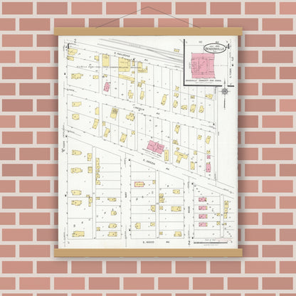 Old map wall art mockup — magnetic wood frame on brick wall — Sanborn Fire Insurance Map from Bensenville, Dupage County, Illinois (1926), Sheet #0004