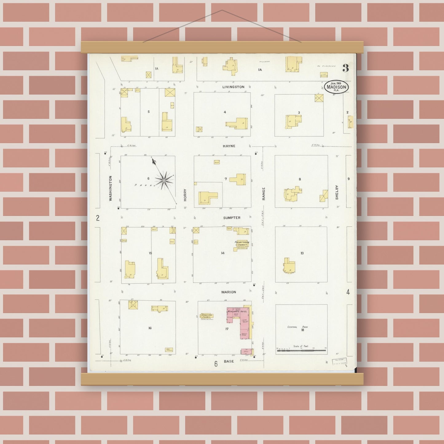 Old map wall art mockup — magnetic wood frame on brick wall — Sanborn Fire Insurance Map from Madison, Madison County, Florida (1909), Sheet #0003