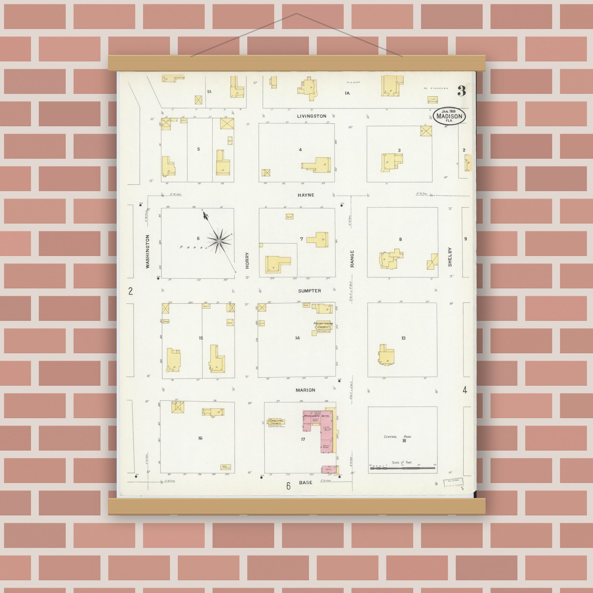 Old map wall art mockup — magnetic wood frame on brick wall — Sanborn Fire Insurance Map from Madison, Madison County, Florida (1909), Sheet #0003