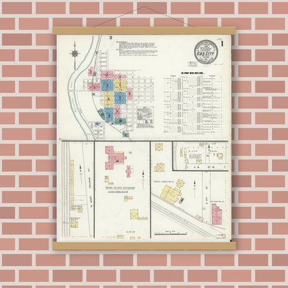 Old map wall art mockup — magnetic wood frame on brick wall — Sanborn Fire Insurance Map from Gas City, Grant County, Indiana (1911), Sheet #0001