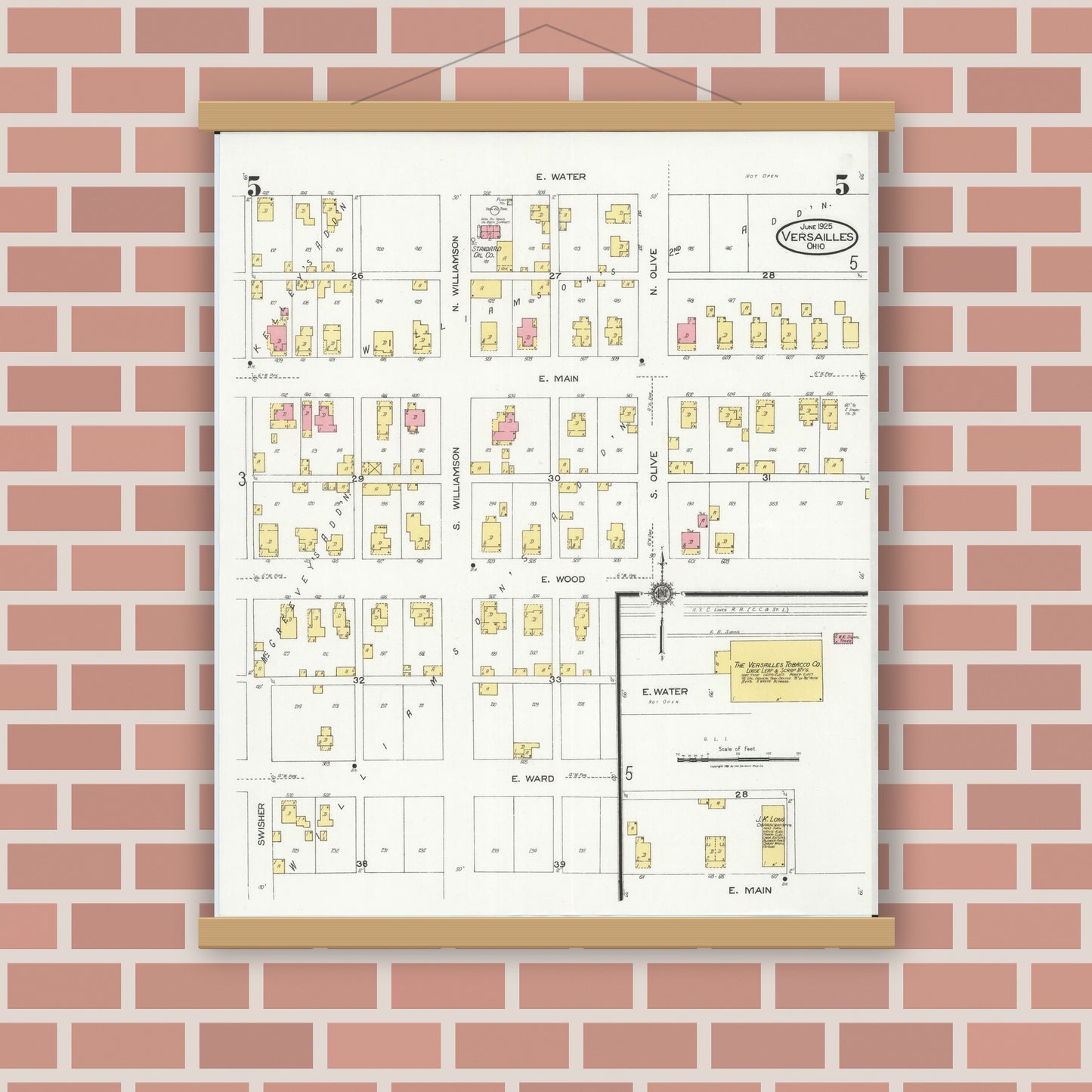 Old map wall art mockup — magnetic wood frame on brick wall — Sanborn Fire Insurance Map from Versailles, Darke County, Ohio (1925), Sheet #0005