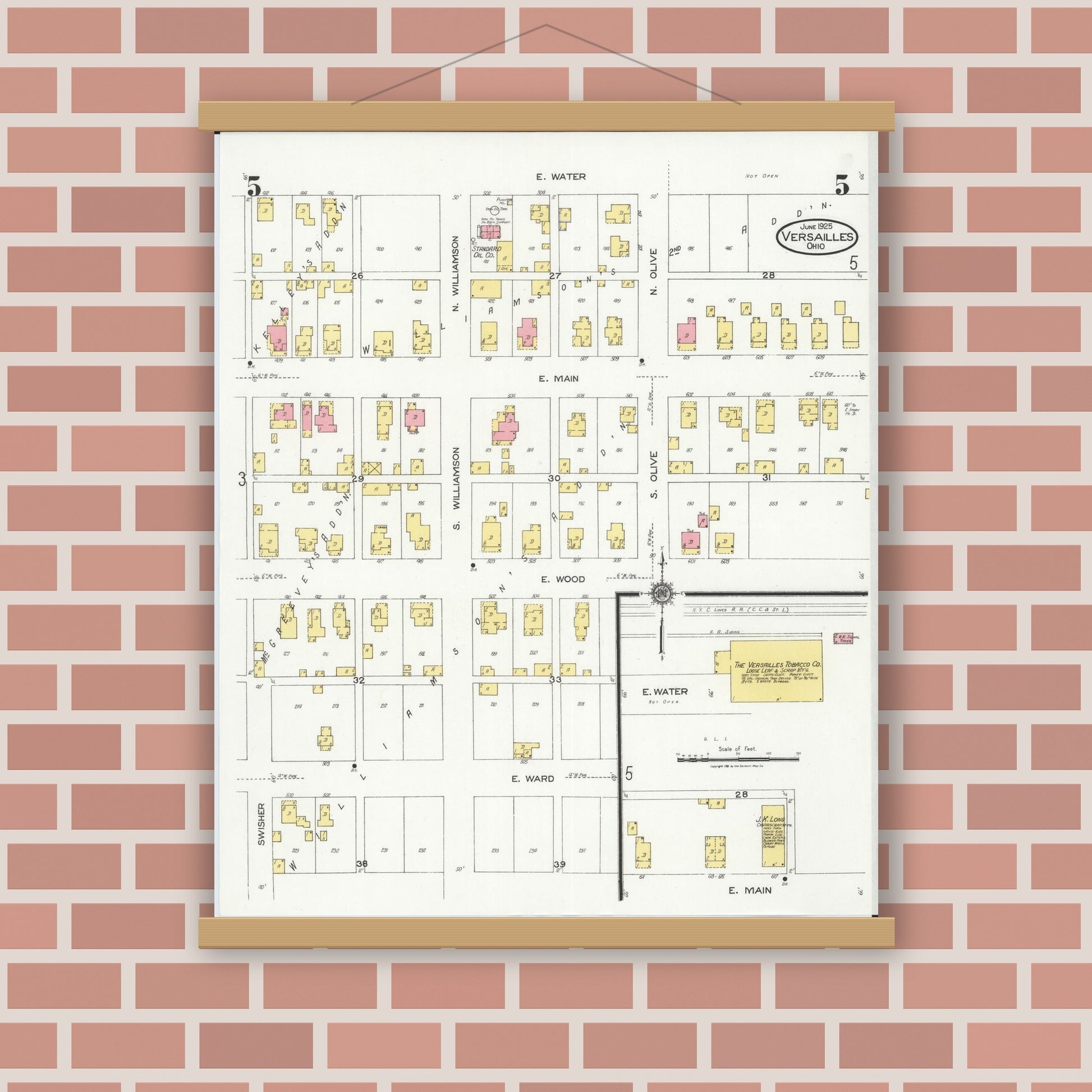 Old map wall art mockup — magnetic wood frame on brick wall — Sanborn Fire Insurance Map from Versailles, Darke County, Ohio (1925), Sheet #0005