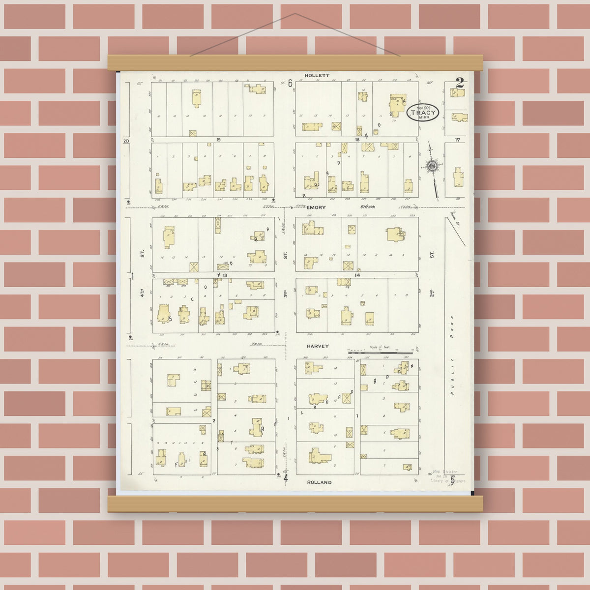 Old map wall art mockup — magnetic wood frame on brick wall — Sanborn Fire Insurance Map from Tracy, Lyon County, Minnesota (1909), Sheet #0002