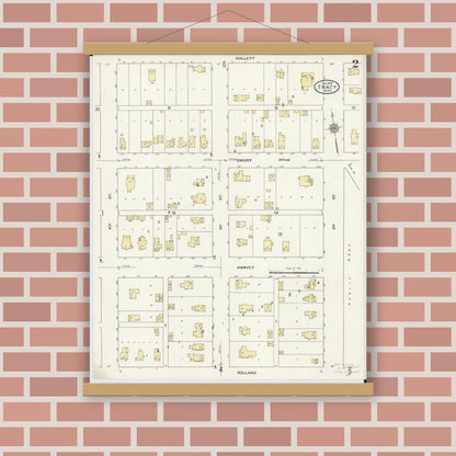 Old map wall art mockup — magnetic wood frame on brick wall — Sanborn Fire Insurance Map from Tracy, Lyon County, Minnesota (1909), Sheet #0002