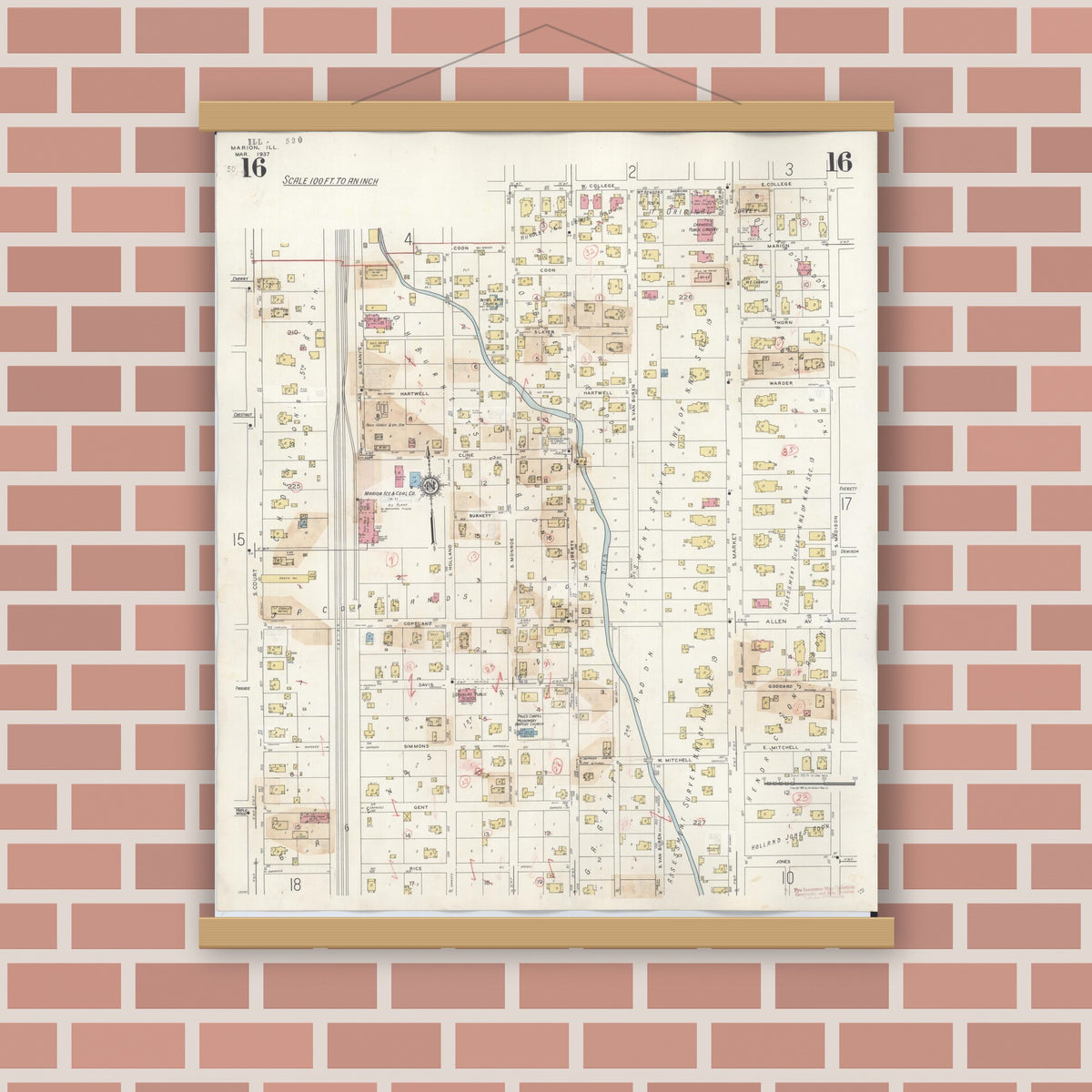 Old map wall art mockup — magnetic wood frame on brick wall — Sanborn Fire Insurance Map from Marion, Williamson County, Illinois (1946), Sheet #0016