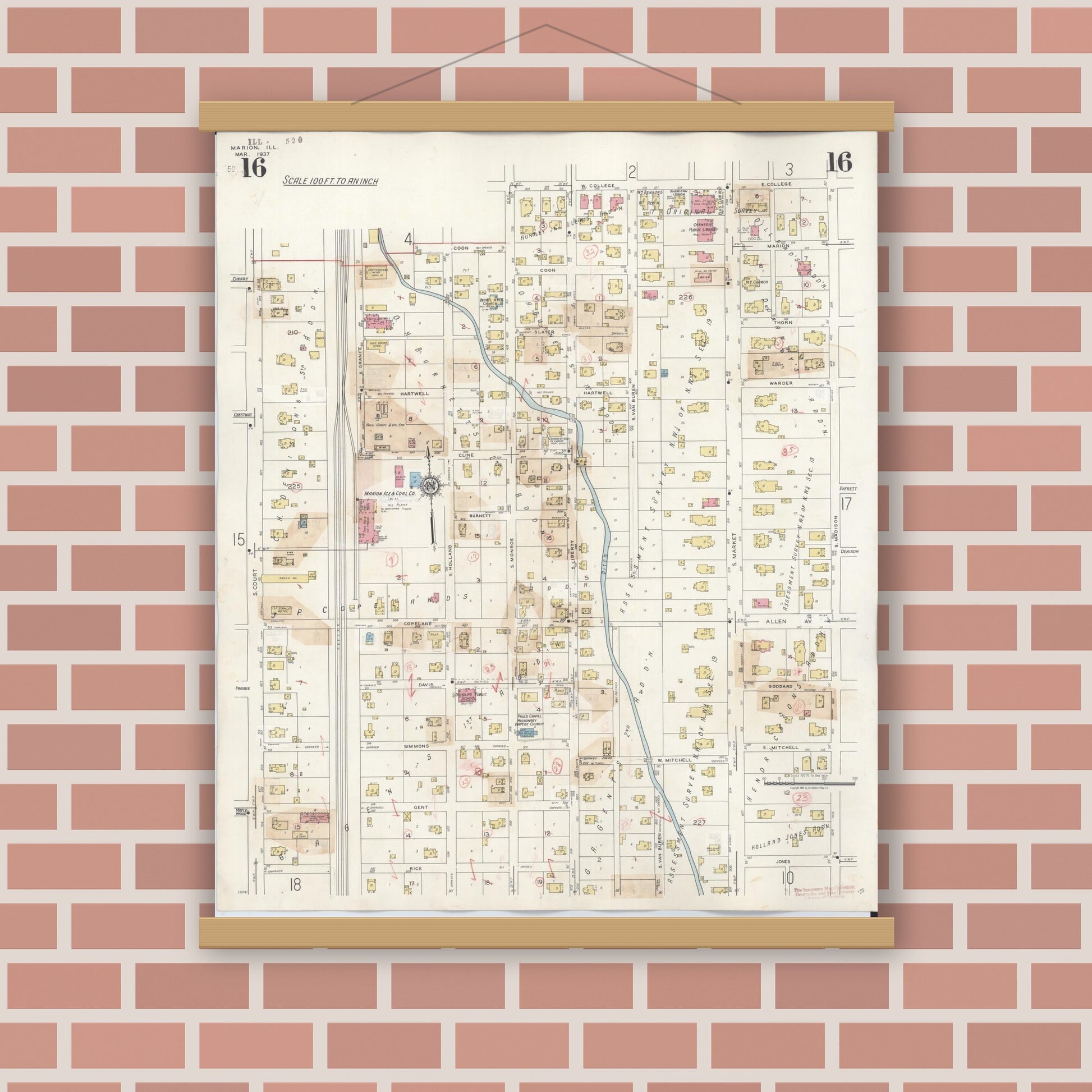 Old map wall art mockup — magnetic wood frame on brick wall — Sanborn Fire Insurance Map from Marion, Williamson County, Illinois (1946), Sheet #0016