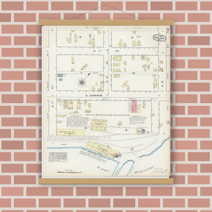 Old map wall art mockup — magnetic wood frame on brick wall — Sanborn Fire Insurance Map from Duluth, Saint Louis County, Minnesota (1884), Sheet #0007
