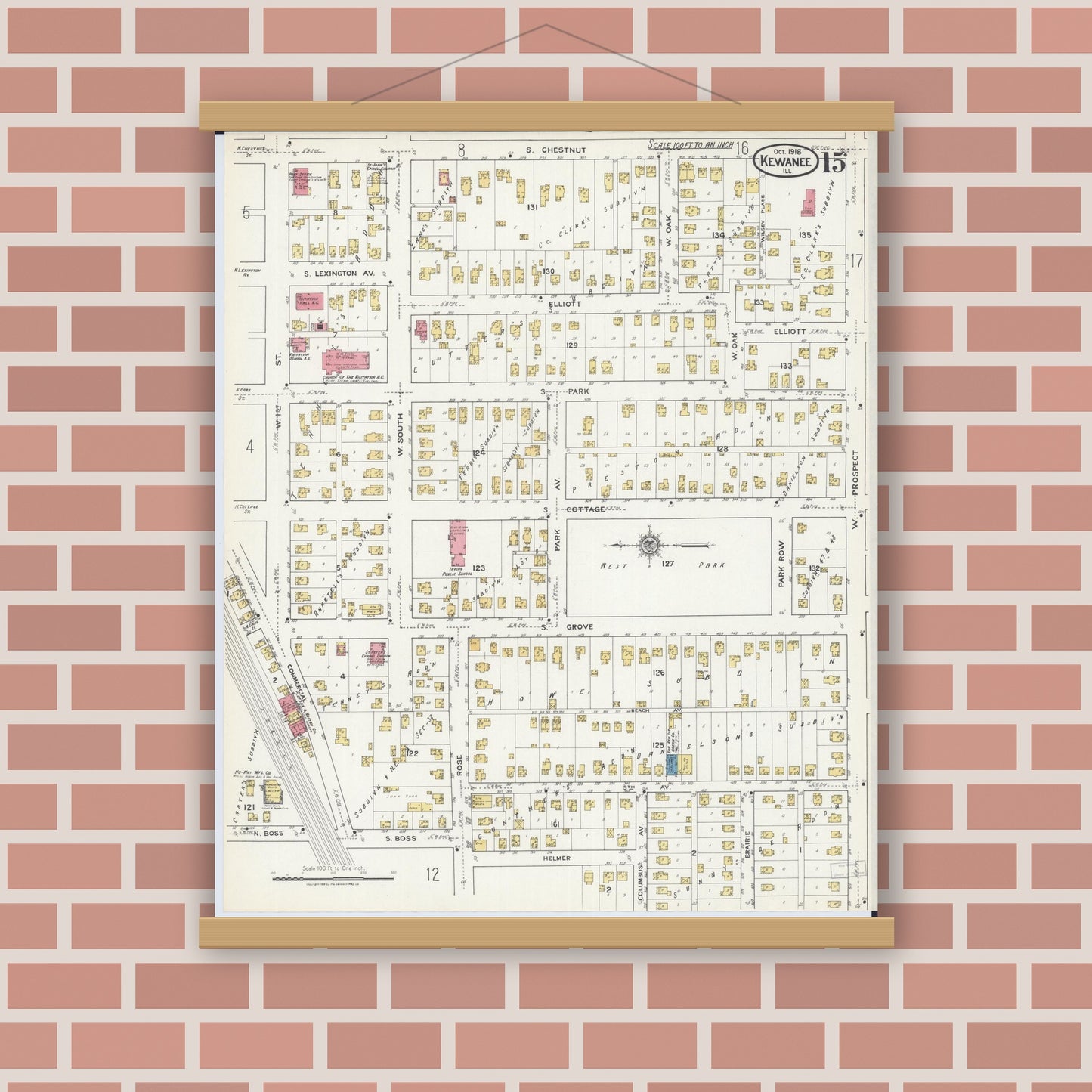 Old map wall art mockup — magnetic wood frame on brick wall — Sanborn Fire Insurance Map from Kewanee, Henry County, Illinois (1918), Sheet #0015